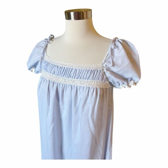 Miss Elaine VTG 80s Polka Dot Cotton Blend Long Nightgown Sz S Puff Sleeve Lace - Picture 2 of 8